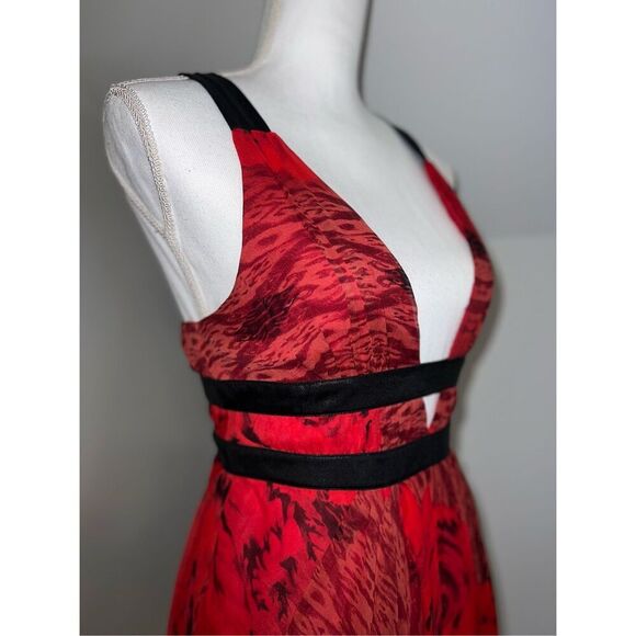 100% Silk Low Cut Red Gown Midi Dress Ruffle Hem Women’s XS - Picture 10 of 11